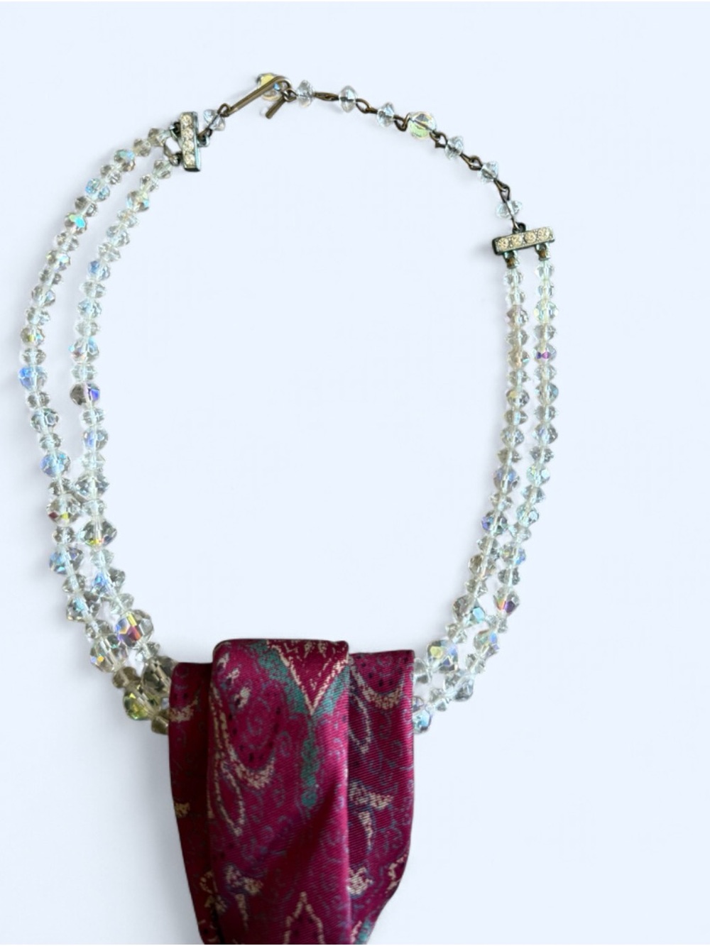 Vintage Silk Paisley Fuchsia NeckTie Necklace with AB Necklace with Rhinestones - Picture 4 of 4